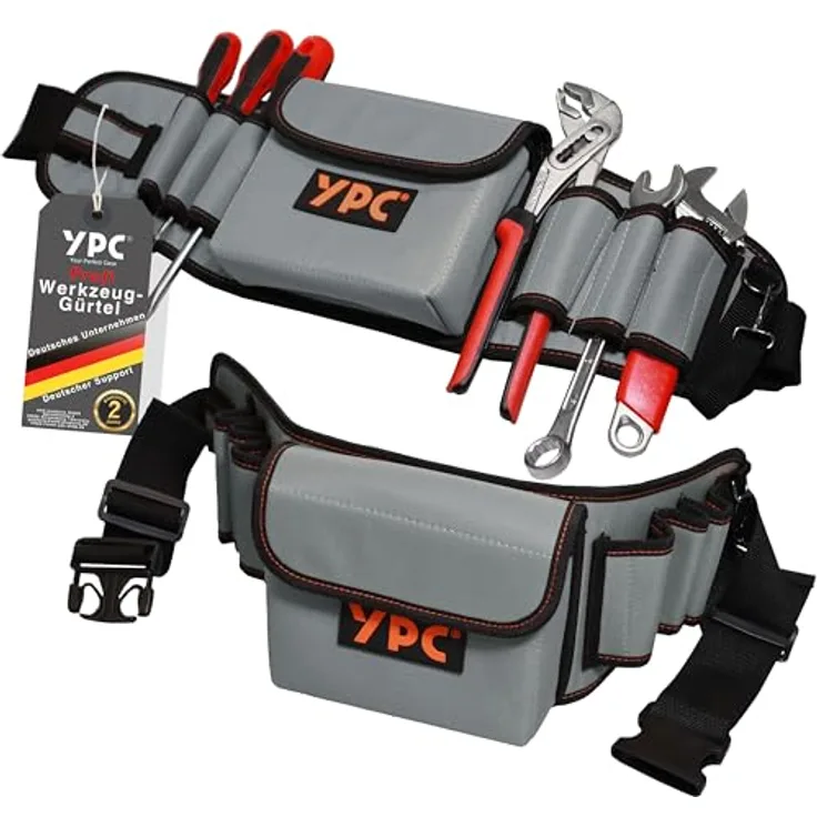 YPC ProBelt – Profi-Werkzeuggürtel mit 7 Steckfächern, großer Nageltasche (17x15x5 cm), Hammerschlaufe, verstellbar, in Khaki, Grau oder Blau