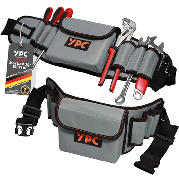 YPC ProBelt – Profi-Werkzeuggürtel mit 7 Steckfächern, großer Nageltasche (17x15x5 cm), Hammerschlaufe, verstellbar, in Khaki, Grau oder Blau – Bild 1