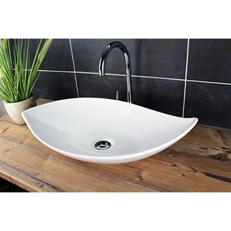 Design Waschbecken Aufsatzwaschbecken 66,5 x 40 cm länglich Weiß Waschschale Modern Keramik – Bild 3