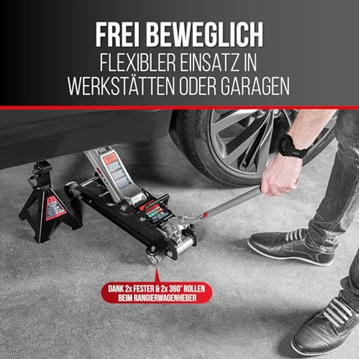 HEYNER® UltraLowLift PRO Hydraulik-Rangierwagenheber Set 2,25 t, mit Audi-Gummiauflage und Schwenkrädern, Standhöhe 85 mm, Hub 85–380 mm, aus Stahl – Bild 6