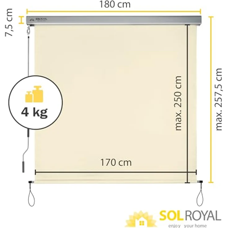 Sol Royal Senkrechtmarkise MS5, UV-Schutz 70-90%, 180x250cm, Beige, korrosionsbeständige Aluminiumkassette – Bild 3