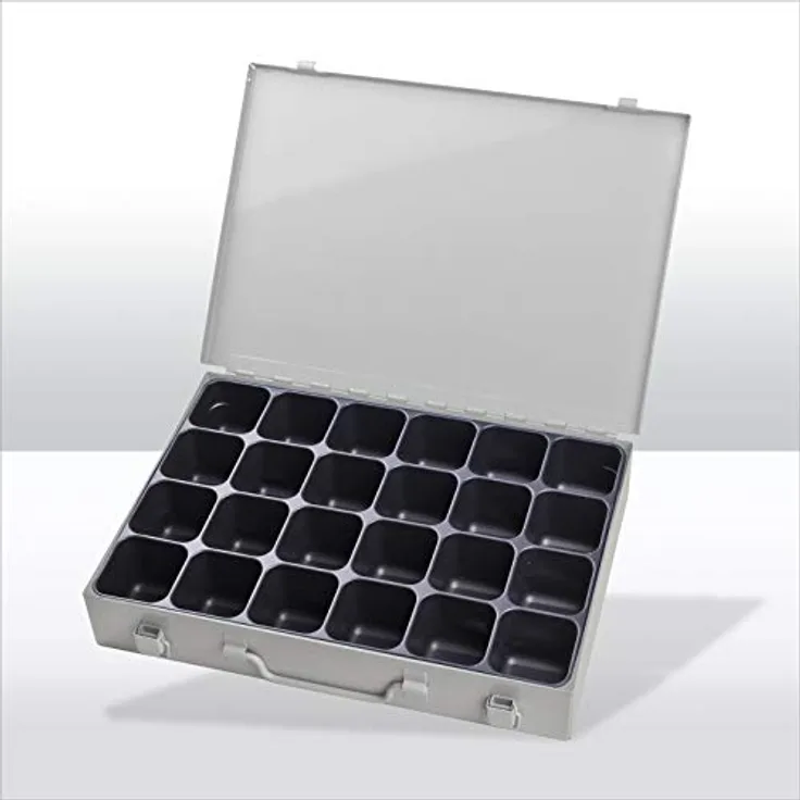 ADB Metall Sortimentskoffer, Kleinteilemagazin grau mit ABS Einteiler 6-24 fach, Einlage 24-fach (88615), Maße 330x230x50 mm