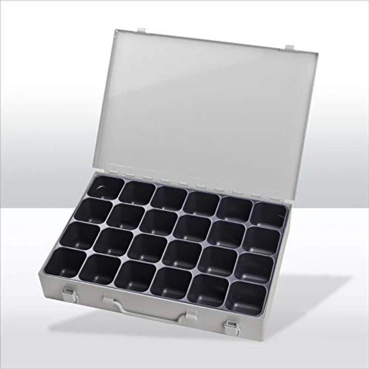 ADB Metall Sortimentskoffer, Kleinteilemagazin grau mit ABS Einteiler 6-24 fach, Einlage 24-fach (88615), Maße 330x230x50 mm