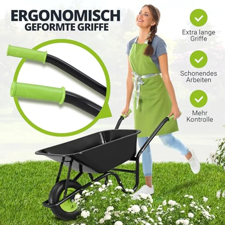 Juskys Schubkarre Garden, 100L, bis 210 kg, Luftreifen, verzinkte Wanne, inkl. Handschuhe, Schwarz/Grün – Bild 2