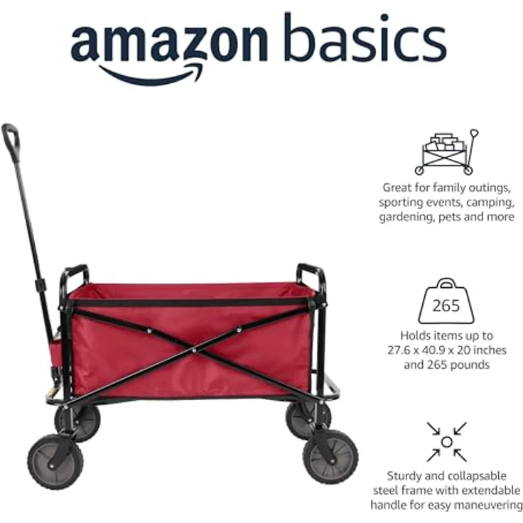 Amazon Basics Zusammenklappbarer Bollerwagen, faltbar für den Garten, mit Abdeckung, Tragkraft bis 120 kg, Rot – Bild 2