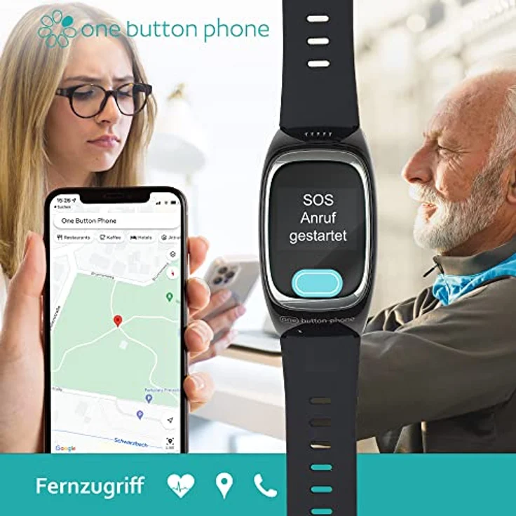 one button phone – Notrufuhr mit Ortung und Telefonfunktion, Notruf Armband für Senioren, SOS Notrufknopf, GPS Notfall Uhr, Schwarz – Bild 2