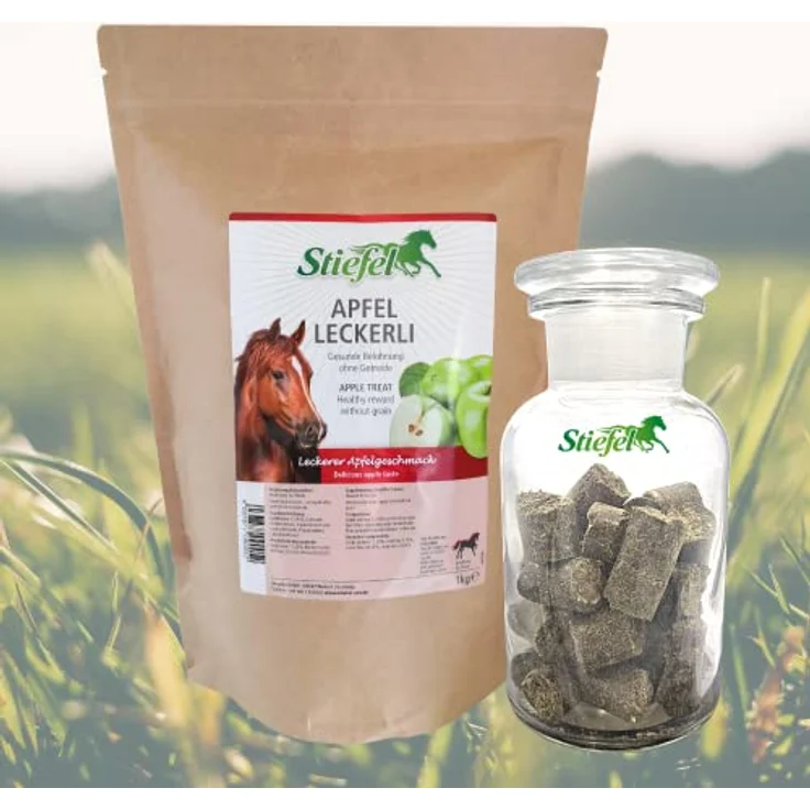 Stiefel Apfelleckerli für Pferde, getreidefreies, ges&es Leckerli mit Apfelgeschmack zur schmackhaften Belohnung, ideales Leckerli für Freizeit-, Sport-, Leistungs- & Zuchtpferden, 1kg – Bild 2