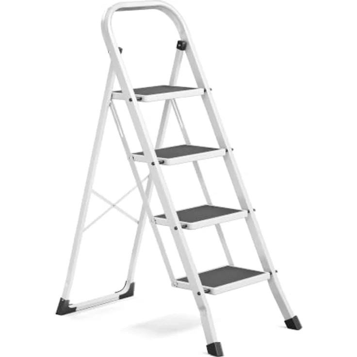 SONGMICS GSL004WZ01 Trittleiter, Klapptritt mit 4 Stufen, bis 150 kg belastbar, weiß, rutschfeste Trittflächen, Klappsicherung – Bild 1