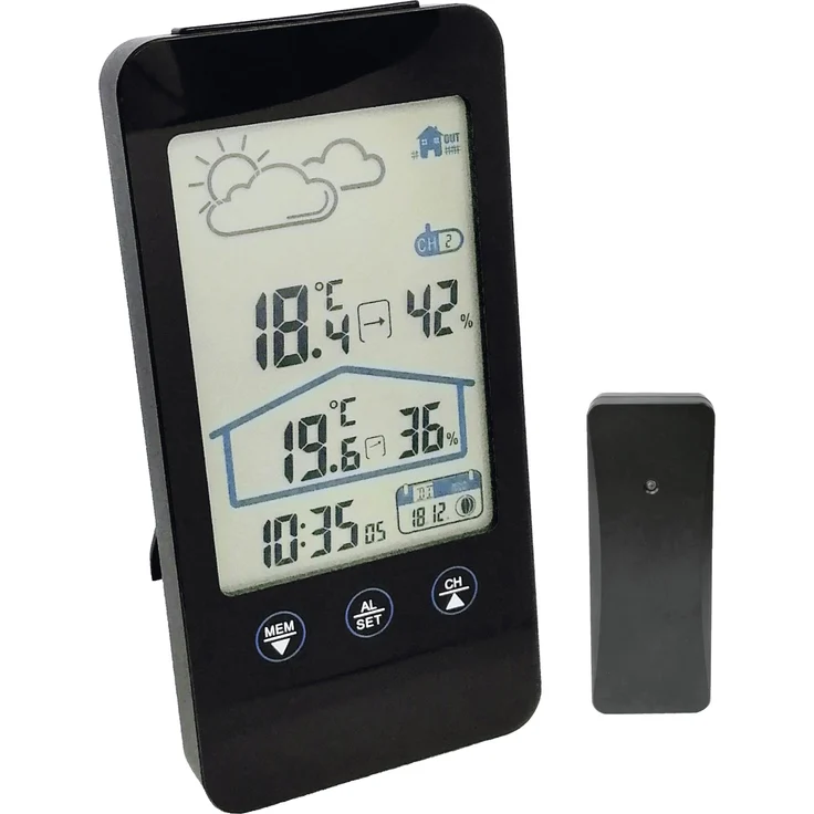 Mebus Funk-Wetterstation, digitales Innen-Außen-Thermometer mit Hygrometer, schwarz, inkl. Funkuhr, Wecker, Kalender und Wettervorhersage