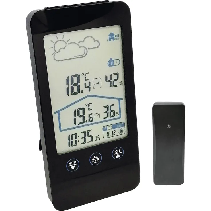 Mebus Funk-Wetterstation, digitales Innen-Außen-Thermometer mit Hygrometer, schwarz, inkl. Funkuhr, Wecker, Kalender und Wettervorhersage