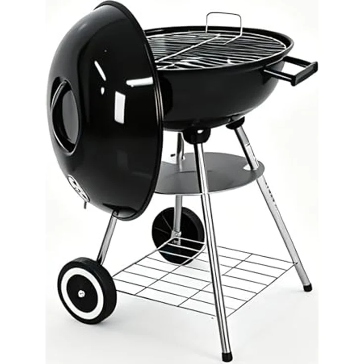 LQWELL Compact Kettle Holzkohlegrill, Grillfläche Ø 41,5 cm, einstellbare Luftzufuhr, tragbar mit Doppelrädern, Maße 44 x 43,7 x 71 cm, Schwarz – Bild 3