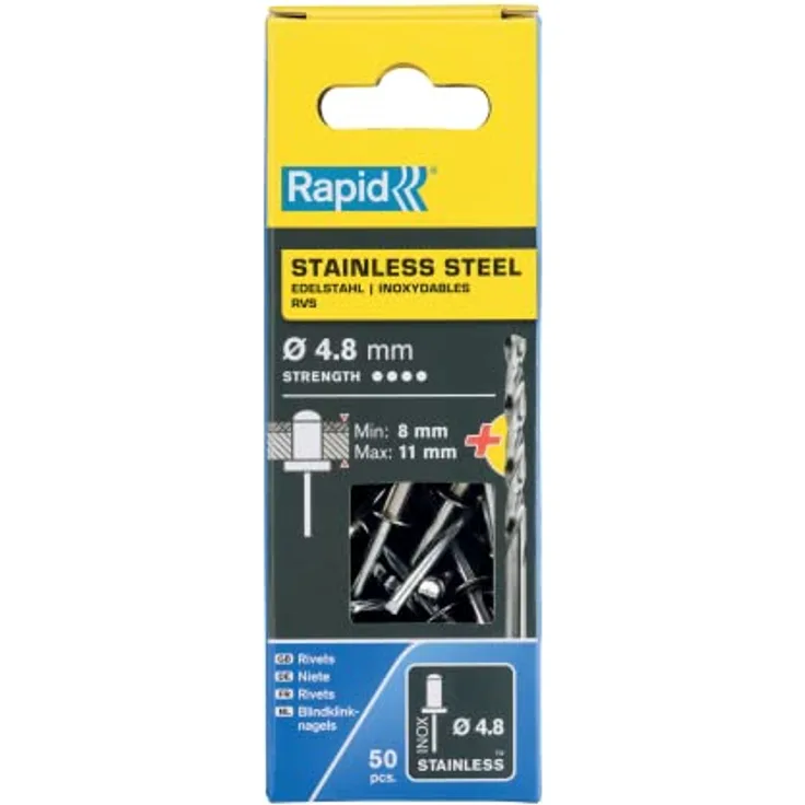 Rapid Blindnieten Edelstahl Ø 4,8mm, 8-11mm Klemmbereich, 50 Stk. V2A Nieten, Set Inkl Bohrer, für blindnietzangen