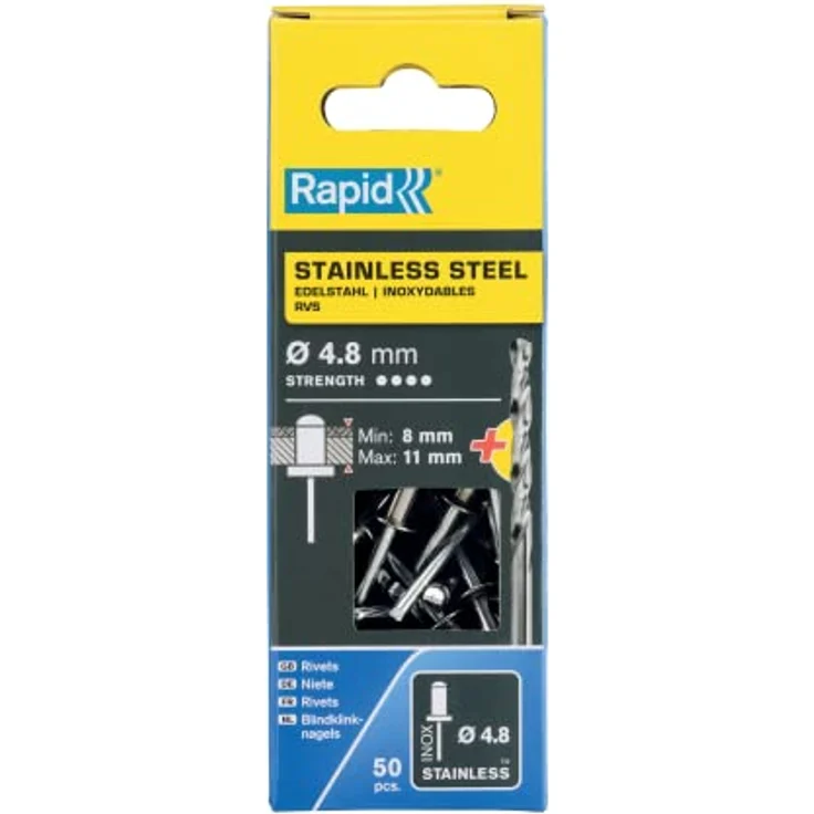 Rapid Blindnieten Edelstahl Ø 4,8mm, 8-11mm Klemmbereich, 50 Stk. V2A Nieten, Set Inkl Bohrer, für blindnietzangen – Bild 1