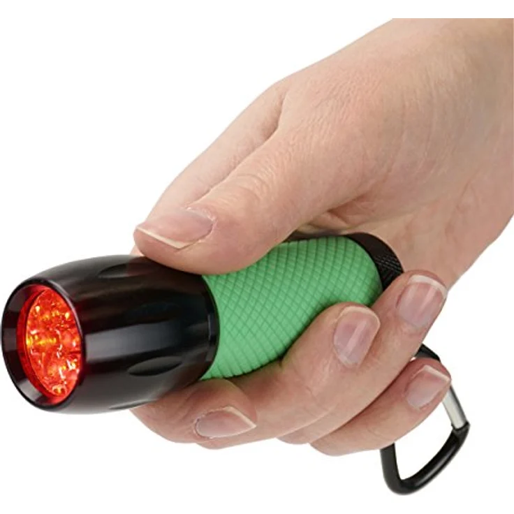CARSON RedSight Pro Rotlicht-LED Taschenlampe, 9 LEDs, 2 Helligkeitsstufen, leuchtender grüner Griff, mit Karabinerhaken – Bild 2