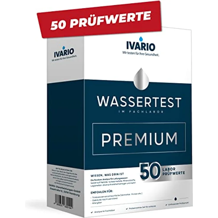 IVARIO Labor-Wassertest Premium Check (50 Prüfwerte) für Trinkwasser/Leitungswasser, Experten-Analyse im akkreditierten Deutschen Fachlabor inkl. Legionellentest/24h-Versand