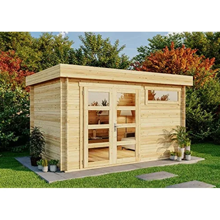 Alpholz Gartenhaus Leandro-28, 8,64 m², 28 mm Wandstärke - Naturbelassen, mit Fußboden aus Holz und Leimholz-Doppeltür