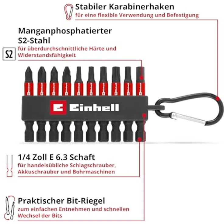 Einhell Impact-Bit-Set, 10-tlg. mit 50-mm-Bits aus S2-Stahl und Karabinerhaken für mobile Anwendungen – Bild 2