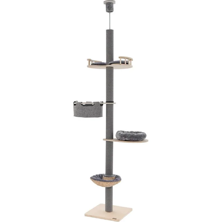 COSTWAY Kratzbaum, 5-stöckig, mit Hängematte & Korb & Bett, 236-271cm, Grau & Natur