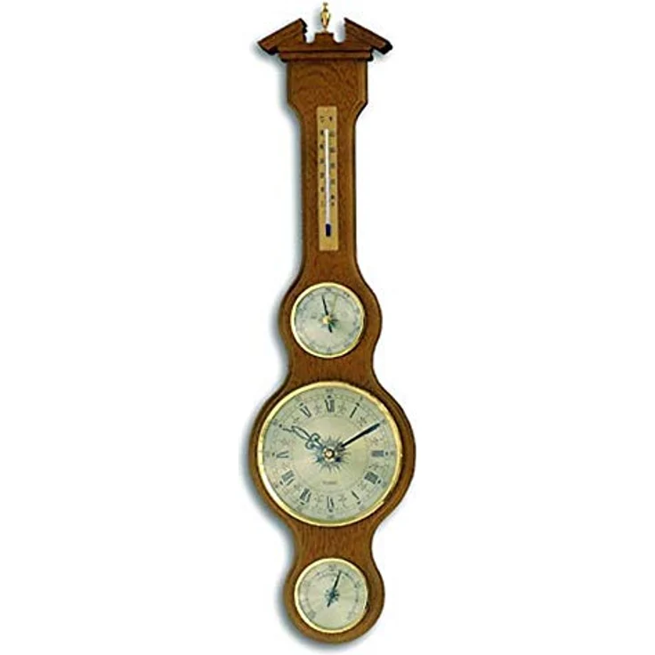 TFA 45.3004 Analoge Wetterstation aus Massivholz, Sheraton-Form mit Barometer, Thermometer, Hygrometer und Quarzuhr, Braun – Bild 1