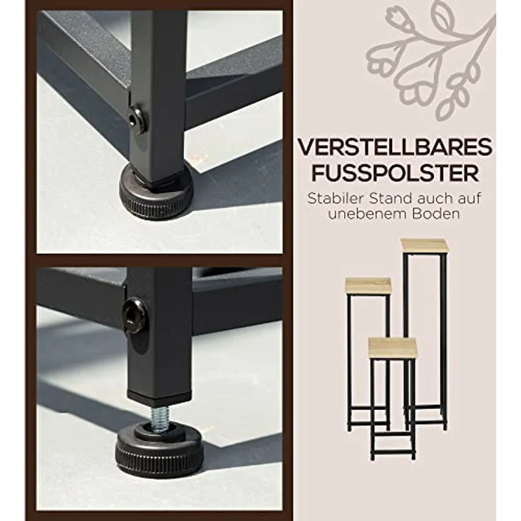 Outsunny Blumenständer im Industriedesign, 3er Set aus Stahl und Holzoptik, für Garten und Balkon, Schwarz+Natur – Bild 6