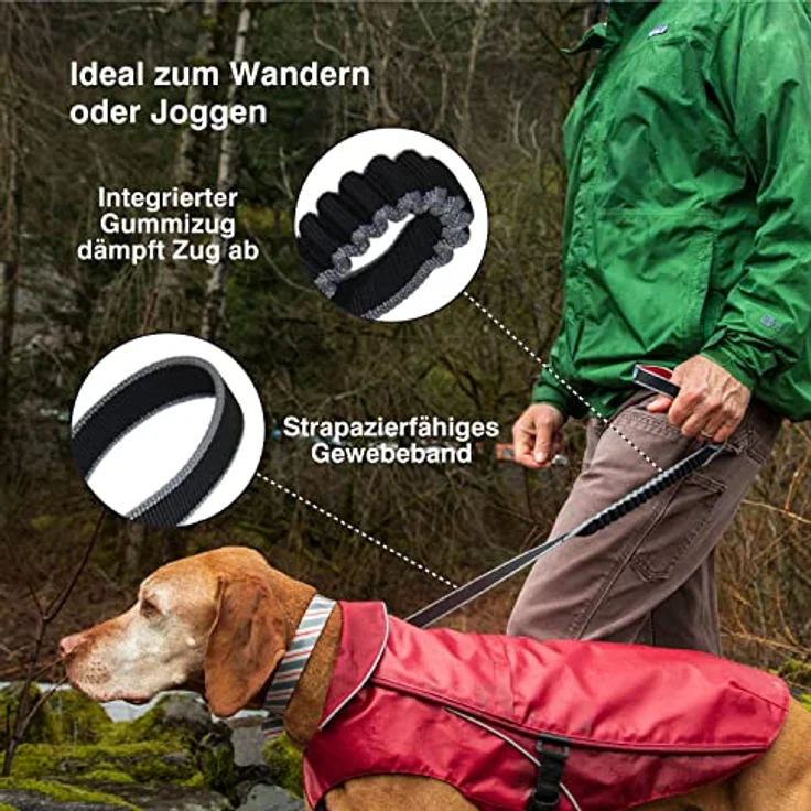 Kurgo Rückfedernde Leine Wander- und Laufleine, Gepolsterter, atmungsaktiver Netzgewebe-Griff, 122-137 cm Länge, Schwarz/Rot – Bild 2