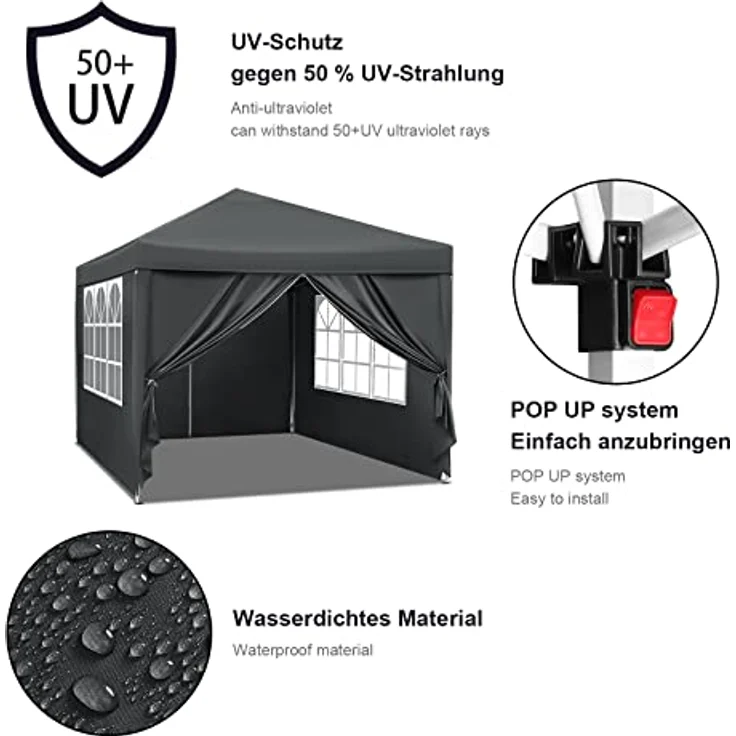 WOLTU Pop-Up wasserdichter Faltpavillon Sonnenschutz Event Pavillon mit Seitenwänden Gartenpavillon auf Terrasse Camping Festival Pagodenzelt aus Oxford Metallrahmen 3 x 3 m Anthrazit – Bild 2