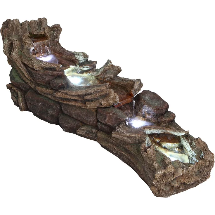 AcquaArte Gartenbrunnen ARBIA, Wasserspiel Wasserfall mit LED-Beleuchtung, Pumpe und Anschlussmaterial, naturgetreue Baum-Nachbildung, Komplettset