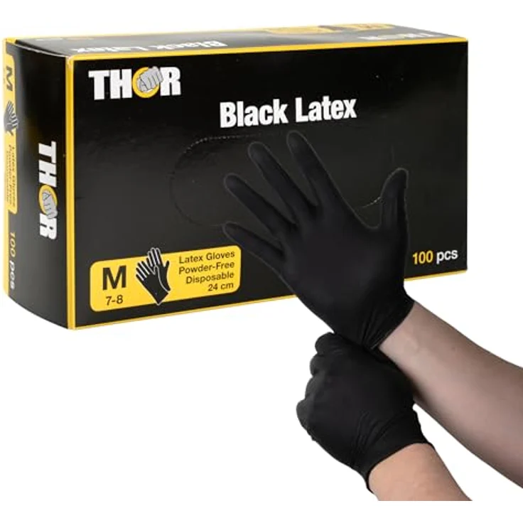ABENA THOR Latexhandschuhe (M), 100 Stück – Schwarze Einmalhandschuhe, puderfrei, für Küche, Reinigung, Grillen & Werkstatt – Größen S, M, L, XL – Bild 1