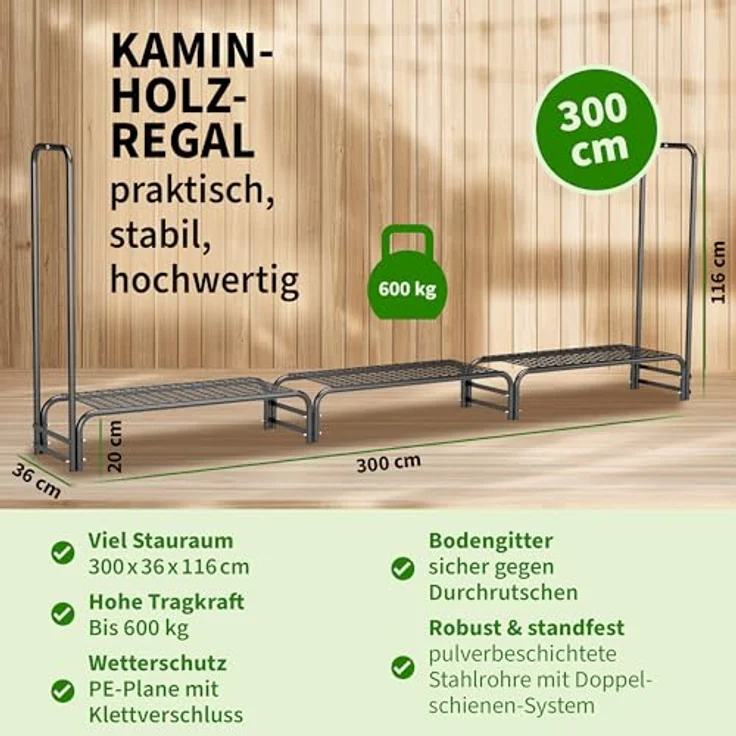 TTL GARDEN Kaminholzregal L 300x36x116cm, schwarz, wetterfeste Schutzplane, rostfreier Stahl, bis 600kg Holz, für innen und außen – Bild 2