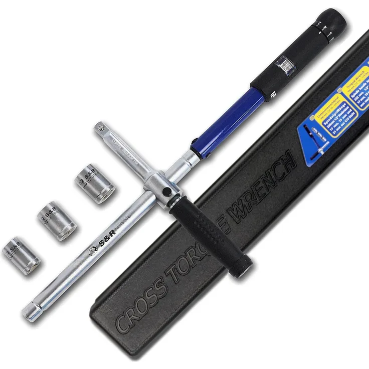 S&R Drehmomentschlüssel neues Patent: 2 in 1 Kreuz-Drehmoment-Schlüssel mit Spindelgriff, 1/2 Zoll, CRV-Stahl, stabiler Koffer, 3 Stecknüsse 17, 19, 21 mm