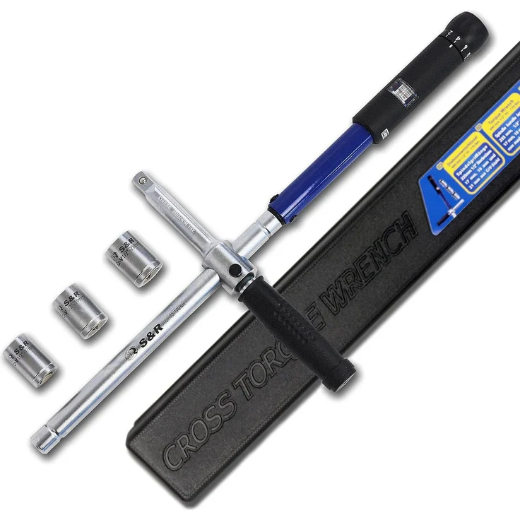 S&R Drehmomentschlüssel neues Patent: 2 in 1 Kreuz-Drehmoment-Schlüssel mit Spindelgriff, 1/2 Zoll, CRV-Stahl, stabiler Koffer, 3 Stecknüsse 17, 19, 21 mm – Bild 1