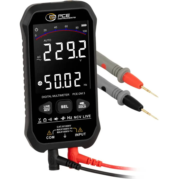 PCE Instruments PCE-DM 3 Hand-Multimeter, digitaler Datenlogger CAT III 1000V, True RMS, 9999 Counts, wiederaufladbarer Lithium-Akku, kompaktes Design mit LC-Display und Taschenlampe