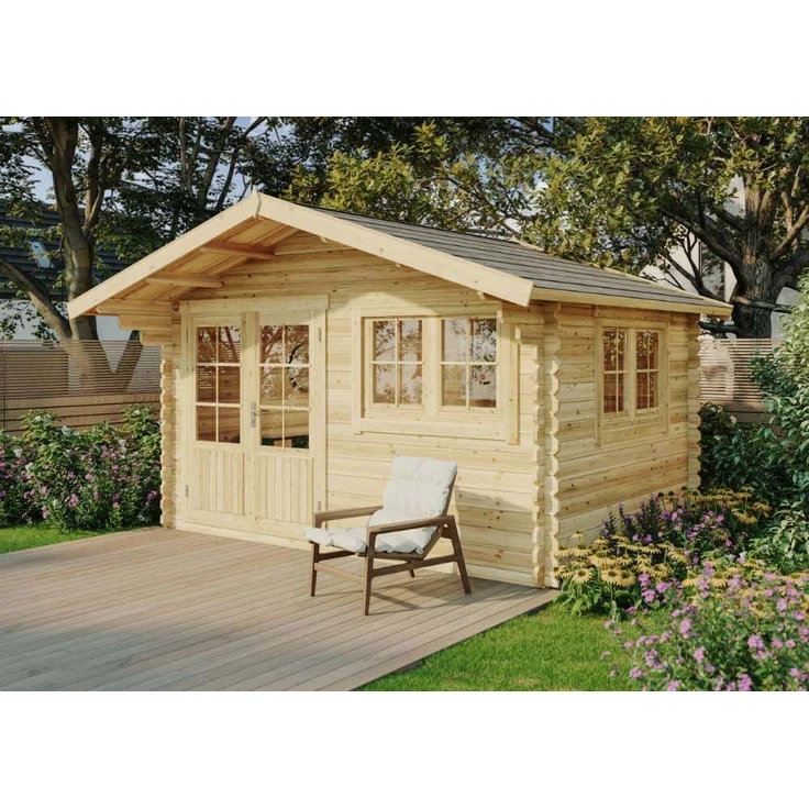 Alpholz Gartenhaus Gabriel-34 400 x 300 cm, BxT: 428x367 cm, B 428 x T 367 x H 263 cm, Leimholz-Doppeltür 160 x 185 cm, Doppelfenster 134 x 90 cm, Wandstärke 34 mm