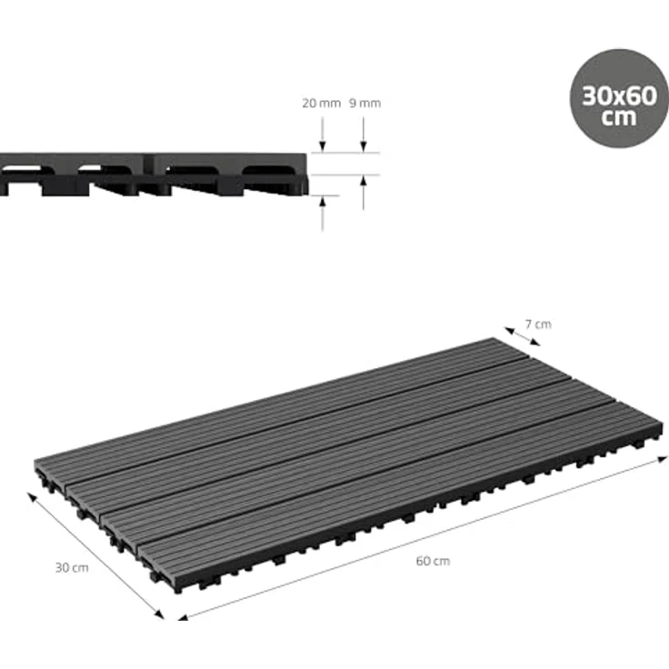 ECD Germany WPC Terrassenfliesen 60x30 cm 12er Spar Set für 2m² Anthrazit in Holzoptik für Garten Balkon Bodenbelag mit Drainage und Klicksystem Terrassendielen Balkonfliesen Klickfliesen Holzfliesen – Bild 8