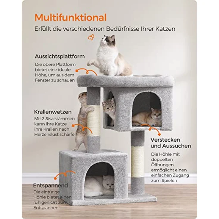 Feandrea Kratzbaum, 101 cm Katzenbaum, XL, Katzenhaus für extra große Katzen bis zu 20 kg, große Plattform, 2 Katzenhöhlen, Sisalstämme, hellgrau PCT614W01 – Bild 4
