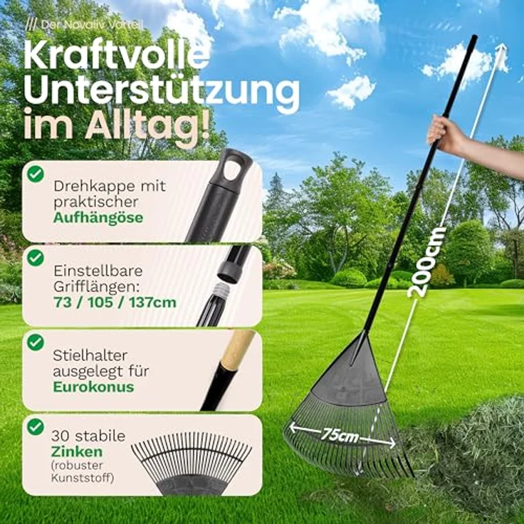 Novatool Laubfeger Set, 3x Laubbesen mit 4tlg Steck- & Schraubstiel, 30 Kunststoff-Zinken, Rechen – Bild 6