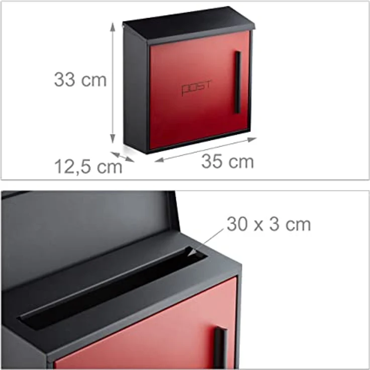Relaxdays Briefkasten rot modern Zweifarben Design, DIN-A4 Einwurf, Stahl, groß, HxBxT: 33 x 35 x 12,5 cm, schwarz-rot – Bild 4