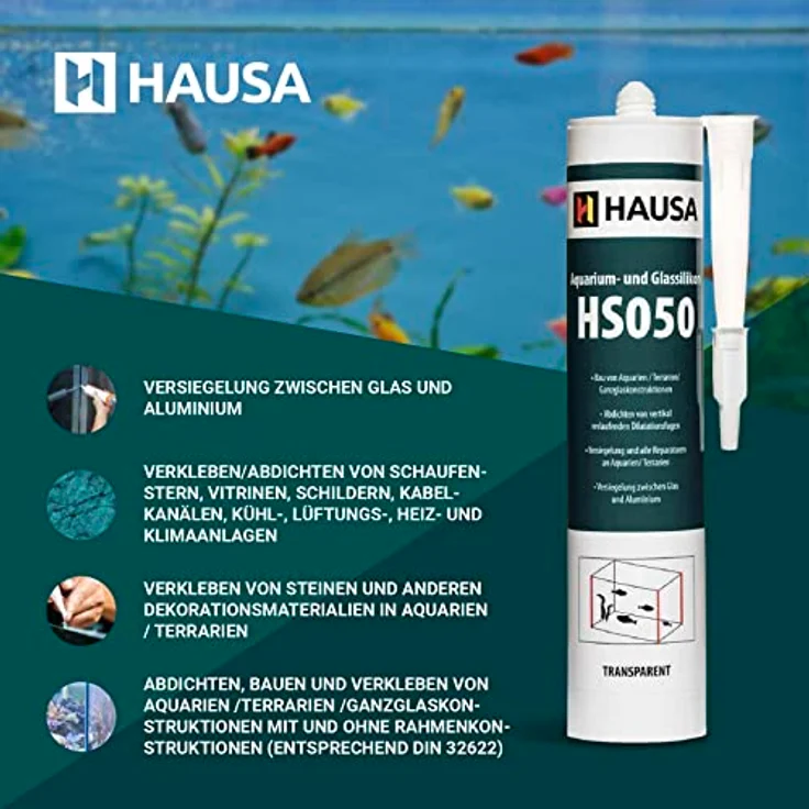 HAUSA Aquarium-Silikon Glas-Silikon HS050 transparent 5x 310ml Silikon-Kleber & Dichtstoff für Aquarien Terrarien Glaskonstruktionen schnelle Aushärtung, süß- meerwasserbeständig, fischsicher – Bild 4