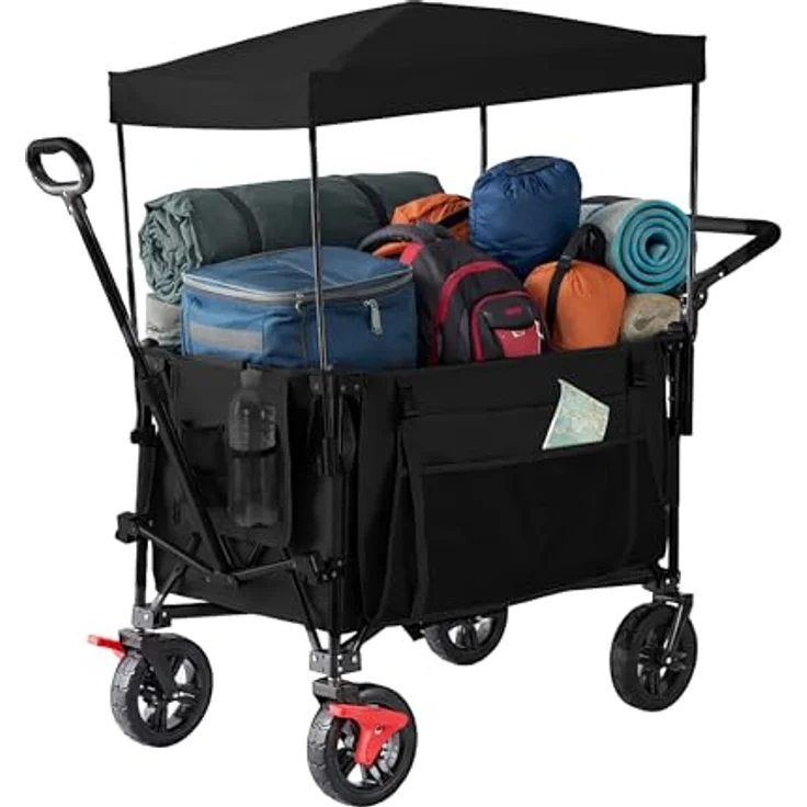 Relaxdays Bollerwagen, faltbar, 150 kg Traglast, mit Dach und Teleskopgriff, Gummireifen mit Bremse, schwarz – Bild 1
