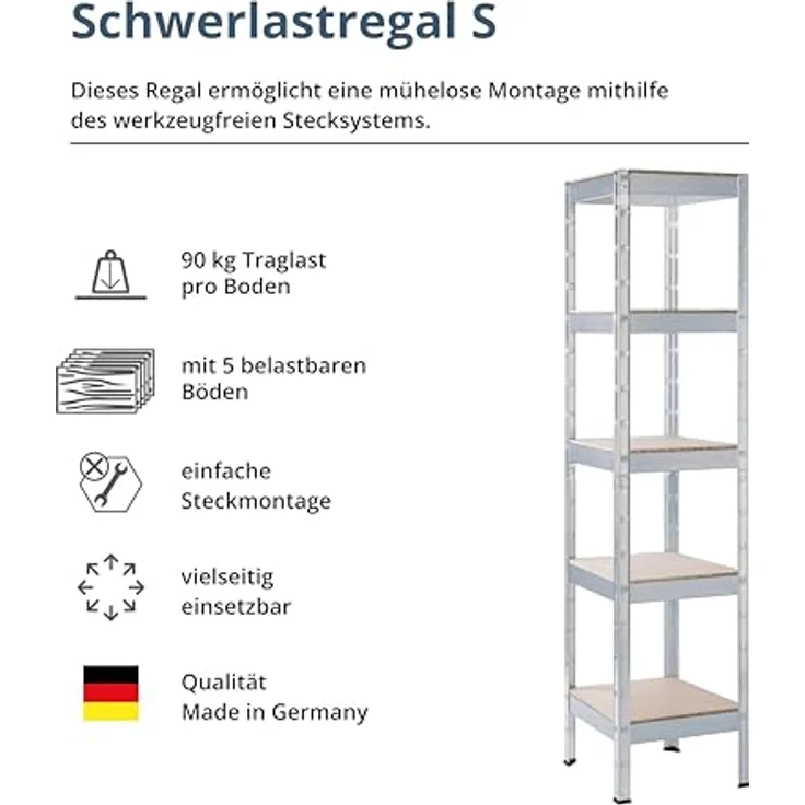 SCHULTE Regalwelt Schwerlastregal mit 5 Holzböden, 180x40x40 cm (HxBxT), Traglast pro Ebene ca. 90 Kg, verzinkt, Lagerregal, Kellerregal, Werkstattregal, Steckregal – Bild 3