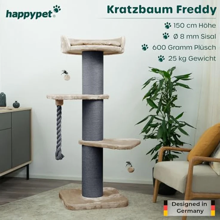 HAPPYPET Premium Kratzbaum Grosse Katzen Stabil 'Freddy' – Katzenbaum, Kletterbaum, für Maine Coon, Natursisal, Dicke Stämme mit 20 cm, 150 cm Hoch, Cappuccino – Bild 2