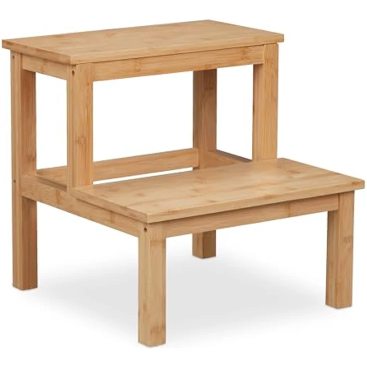 Relaxdays Tritthocker, 2 Stufen aus Bambus, max. 100 kg, natur, für Kinder und Haushalt, hbt: 40 x 40 x 40,5 cm – Bild 1