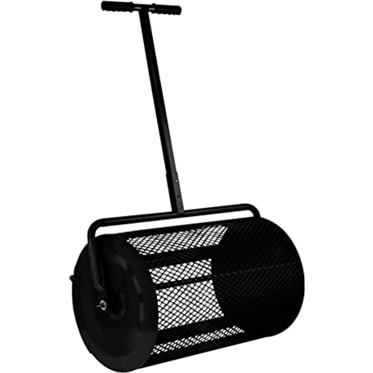 T-Mech 66cm Kompoststreuer Saatgutstreuer Schwarzer Torfmoosstreuer Gartenstreuer Düngerstreuer Roller mit T Griff Verlängerbarer Griff 80L Maschenkorb Leichtgewichtig GRATIS Handschuhe – Bild 1
