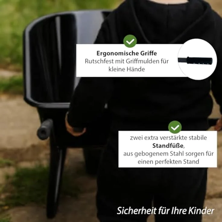 TRUTZHOLM Kinderschubkarre Uni, 40 kg Traglast, 3,6 kg leicht, pulverbeschichtetes Stahlgestell, rostfreie Polypropylen-Wanne, Vollgummirad, schwarz – Bild 4