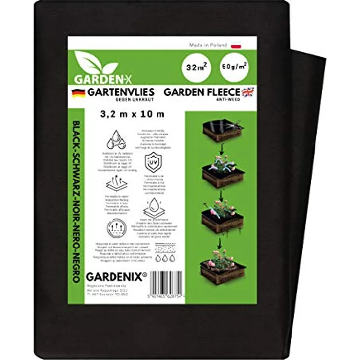 GARDENIX® 32 m² Anti Unkrautvlies 50g/m² ‒ Gartenvlies Hohe UV-Stabilisierung reißfest und wasserdurchlässig Schwarz (3,2m x 10m)