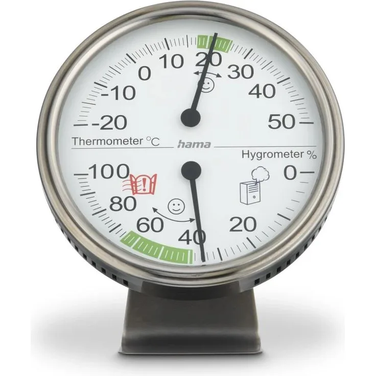 Hama Thermometer und Hygrometer "Tahiti", Silber, analoges Anzeigegerät mit Komfortzone, Ø 11 cm