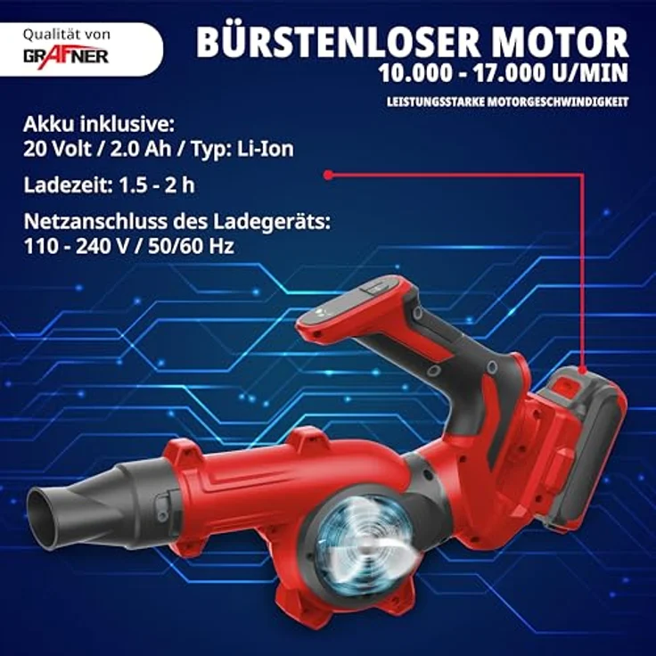 Grafner Akku-Laubbläser AL11146 mit Akku & Ladegerät 20V, leistungsstarker Lithium-Ionen-Akku, Anti-Vibrations-Handgriff – Bild 3