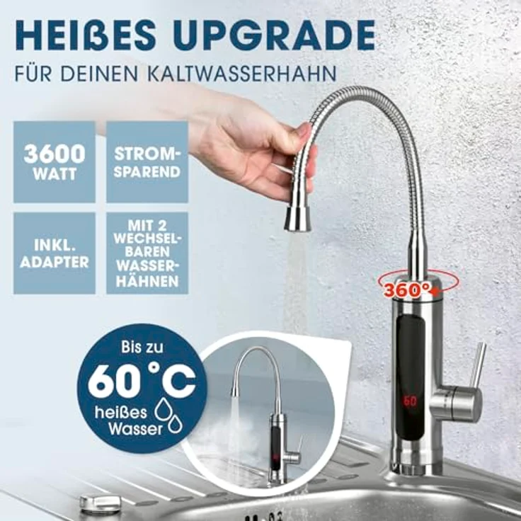 MAXXMEE Elektrische Edelstahl Armatur mit Durchlauferhitzer, 3600 Watt, 60 °C warmes Wasser, LED Temperaturanzeige, 2 wechselbare Wasserhähne – Bild 2