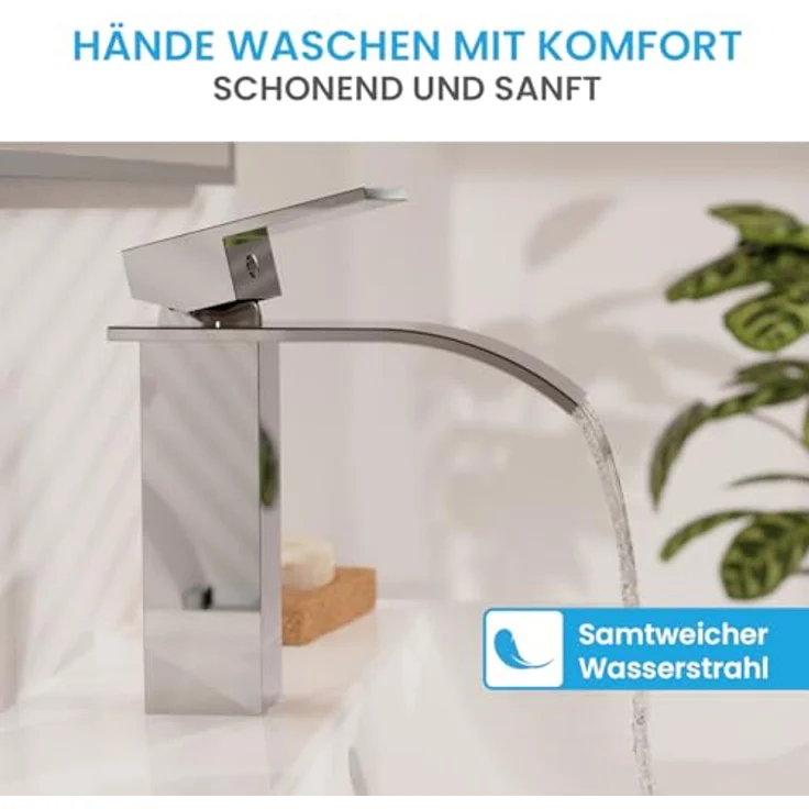 Bächlein Badarmatur Tamina, Wasserfall-Design Einhebelmischer mit Keramikkartusche und Montage-Set, Chrom – Bild 4