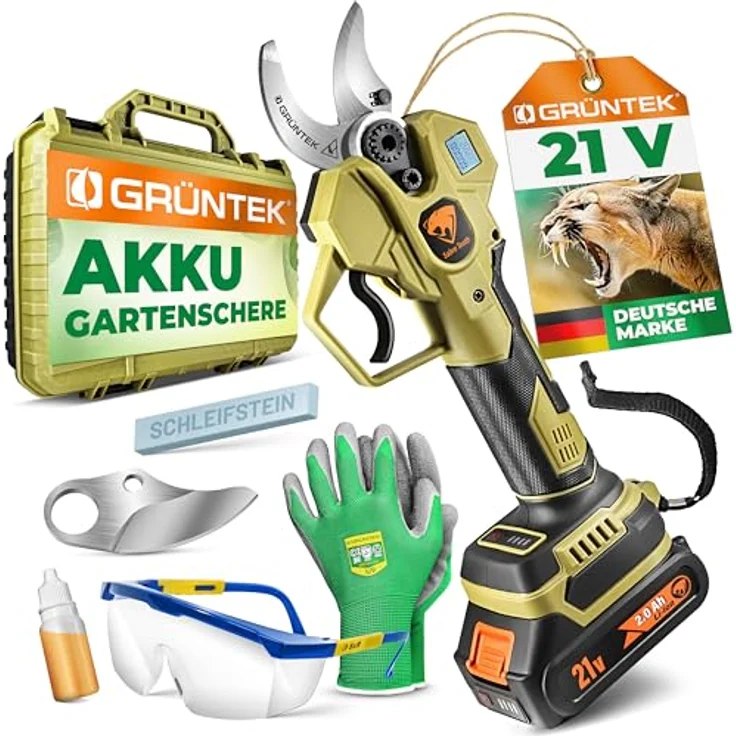 GRÜNTEK Akku Astschere 21V 2Ah Brushless, 400W bürstenloser Motor, SK5 Klinge, bis 30 mm Schnittdurchmesser, mit LCD-Display und Komplett-Set im Koffer – Bild 1
